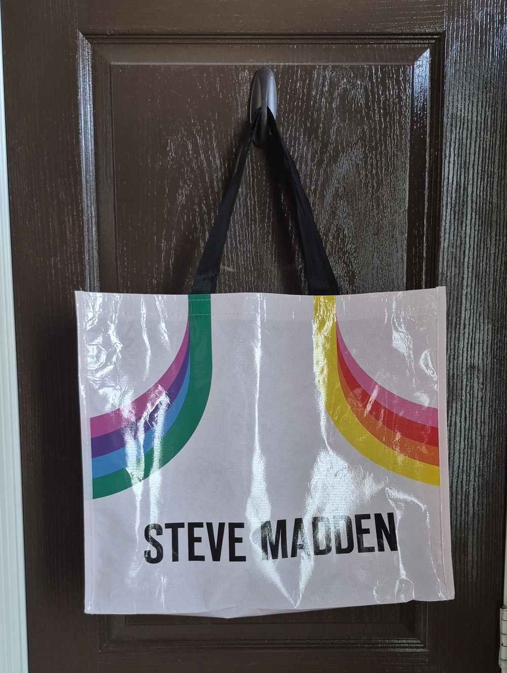 Steve Madden White Tote with Rainbow Accent and Black Straps